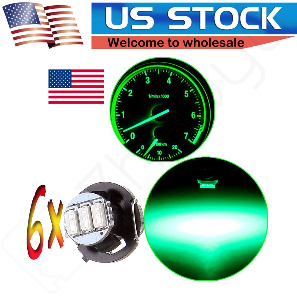 6x T5/T4.7 Green LED Bulbs - 3-SMD Neo Wedge For A/C & Climate Control Panel Lights