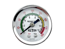 Air Pressure Gauge 1.5" Dial Center Back Mount 1/8"NPT - 0 to 200PSI Color Coded
