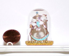 NEW 1:12 OOAK BLUE-WHITE DOLLHOUSE MINIATURE CAROUSEL HORSE ROCKER IN GLASS DOME