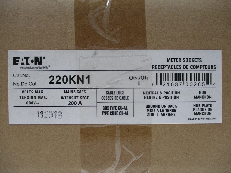 NEW Eaton 220KN1 200 Amp Double Meter Socket 600V 200A NIB - Image 4 of 4