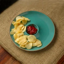 Ceramic Chip and Dip Platter with Dip Bowl, Turquoise Blue & Earthen Brown
