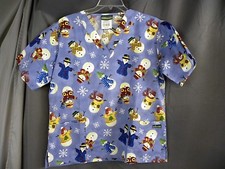 UA Scrubs Top, Women's M, Multi Snowmen on Blue Back, Cotton Polyester Blend