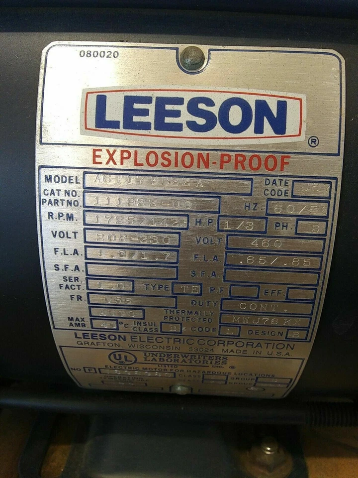 Leeson A6T17EB22A Explosion Proof Motor 1/3 HP - Image 4 of 4