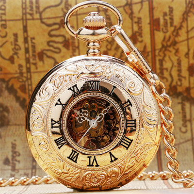 Antike Roségold Herren Damen Skelett Mechanische Handaufzug Taschenuhr Anhänger Kette