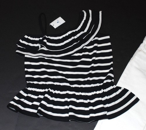 NWT Gap HAVANA One Shoulder Knit Ruffle Striped Top~White Denim Capri Jeans Sz 5 - Picture 3 of 11