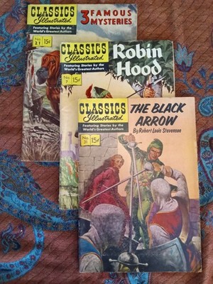Lot: The Black Arrow #31 (HRN 140), Robin Hood #7 (HRN 129), 3 Famous Mysteries
