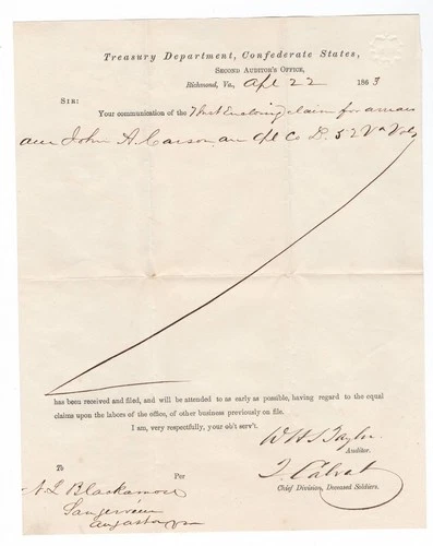 CONFEDERATE CIVIL WAR DOCUMENT - Claim for Deceased Soldier 52nd Virginia Vols