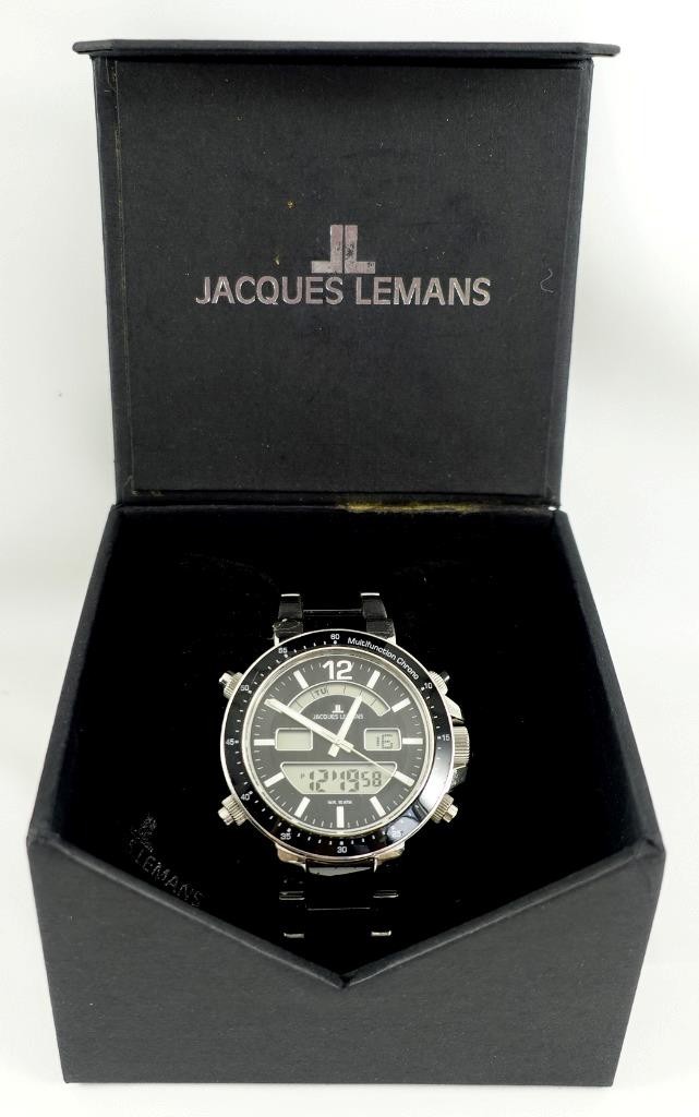 Jacques Lemans mens black +silvertone watch 1-1714 alarm