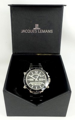 Jacques Lemans mens black +silvertone watch 1-1714 alarm