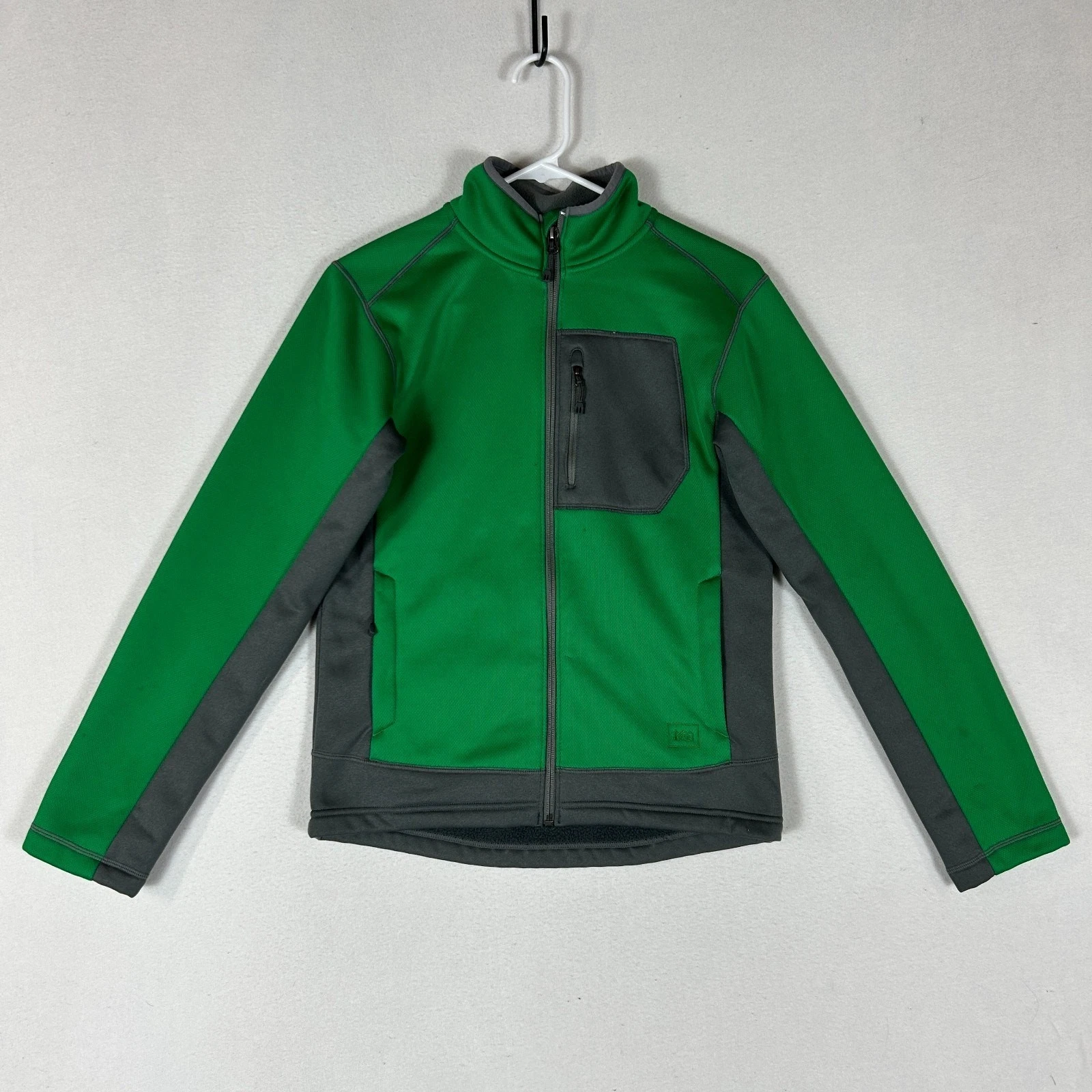 REI Jacket Kids Boys L (14-16) Green Fleece Lined Two Toned Mock Neck Full Zip