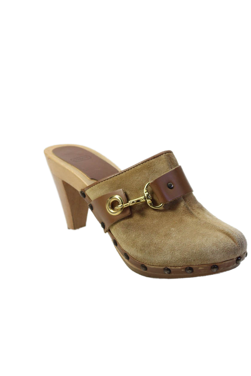 Coach Women's Suede Leather Studs Wood Heel Mules Sandals Beige Size 6