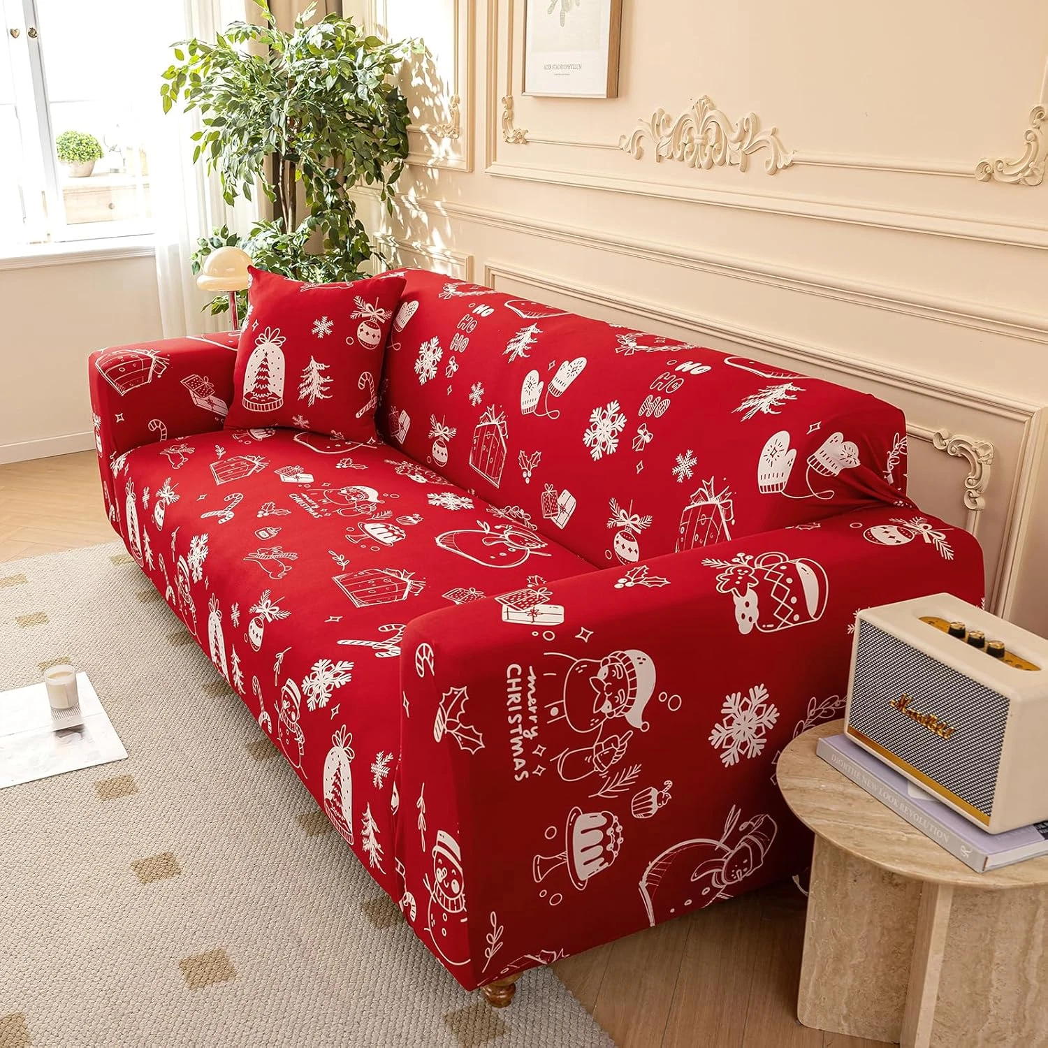 Anibedding Christmas Sofa Slipcover, Santa Claus Stretch Sofa Covers
