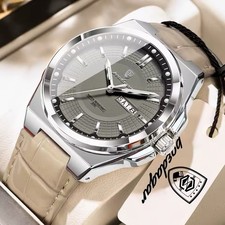 Poedagar Men's Quartz Analogue Watch Grey Dial Beige Leather Day/Date SAT8