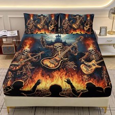 Sugar Skull Fitted Sheet Queen Size, Guitar Rock Music Skull Bedding Set for ...