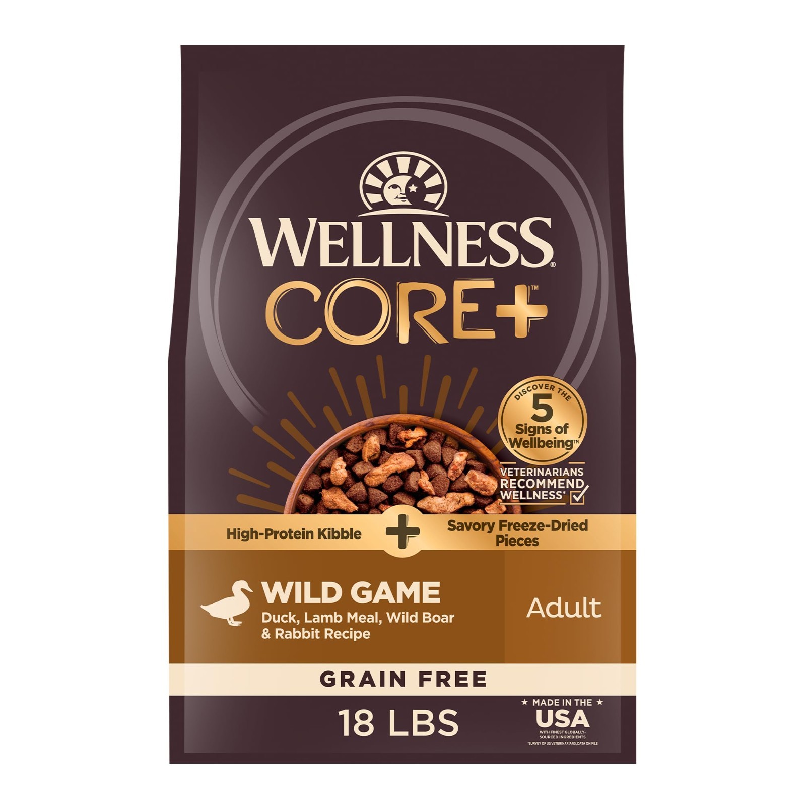 Wellness CORE+ Natural Grain Free Dry Dog Food, Wild Game Duck, 18 lb