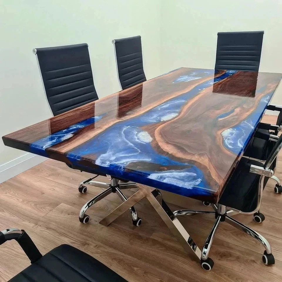 Handmade Blue Epoxy River Dining Table | Custom Live Edge Wood Office Desk - Image 2 of 4