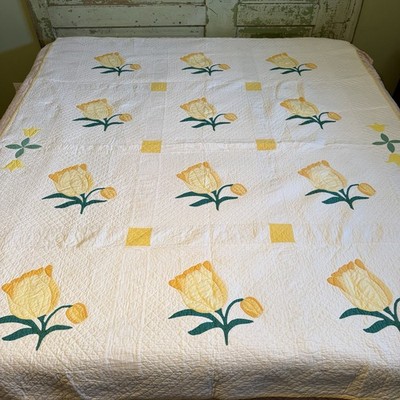 Vintage Hand Appliqued Tulips Quilt Stitched Embroidered Flowers Floral Yellow
