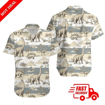 Dinosaur Hawaiian Shirt Men Jurassic Prehistoric Brachiosaurus Aloha Button Up