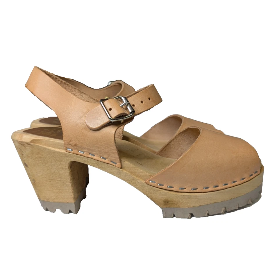 Zueco de cuña Mia Greta de cuero con tacón de madera punta abierta Scandi Boho tostado Foto 3 de 4