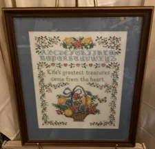 VTG  Hand Stitched Sampler Embroidery Alphabet Floral 27X24” Framed Matted