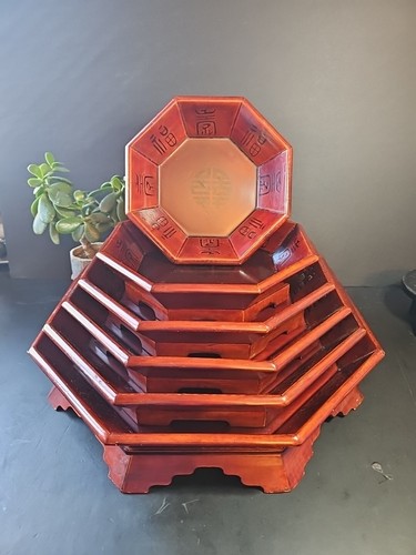 VTG Mid Century Korean Octagon Nesting Trays Lacquered Stackable - Picture 4 of 9