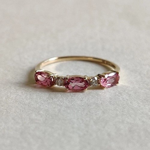 14k Gold Finish Silver Natural Pink Tourmaline Diamonds Wedding Dainty Band Ring - Picture 7 of 7