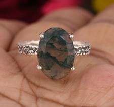 Moss Agate Oval Shaped Rings 925 Sterling Silver Texture Engagement Rings