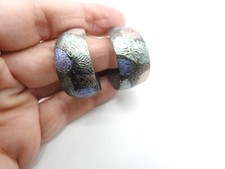 Blue Pink Green Enamel Floral Print Open Ended Hoop Pierced Earrings Vintage