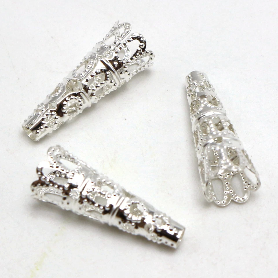 100 piezas Tapas de cuentas de flores largas plateadas 22 mm Tapas de extremo de cuentas de filigrana Espaciadores Foto 4 de 4