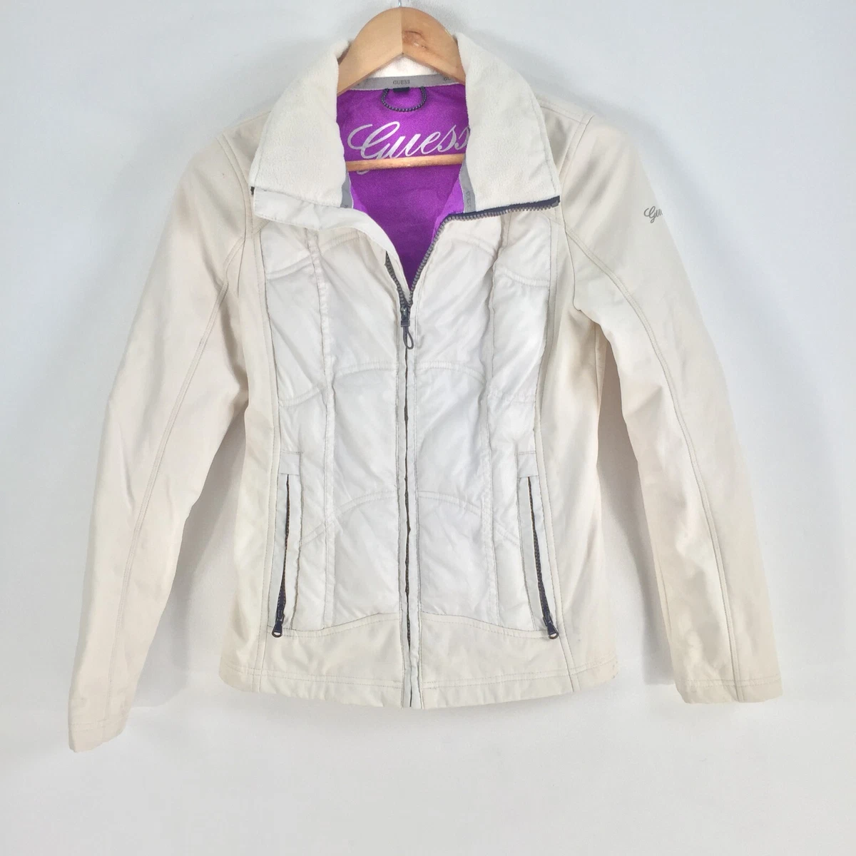 Guess womens fleece jacket size XS white collared zip long sleeve 065173