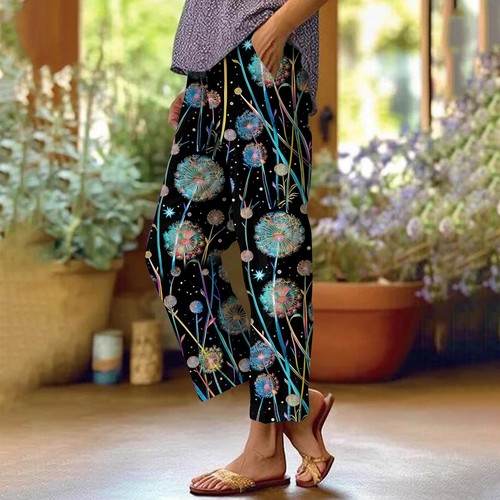 Pantalones sueltos informales florales de cintura elástica de verano de algodón y lino para mujer */ - Imagen 12 de 45