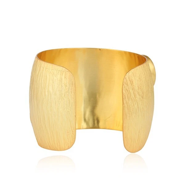 Gold Plated Wide Cuff Bracelet Red Onyx & Pearl Gemstone Texture Brass Jewelry - Image 3 of 4