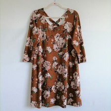 Honeyme Women's Brown Floral 3/4 Sleeve Boat Neck Criss Cross Back Dress Size M