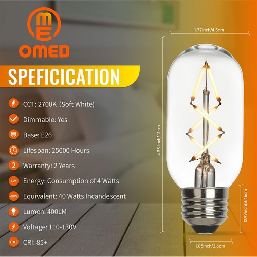 OMED Fishbone LED Filament Vintage Edison Light Bulbs, T45/T14 E26 4W Antique... - Picture 5 of 9
