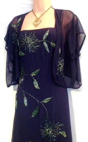 Bnwt JOANNA HOPE (18/20) Midnight Blue Bead & Sequined Cocktail Dress & Shrug - Picture 1 of 13