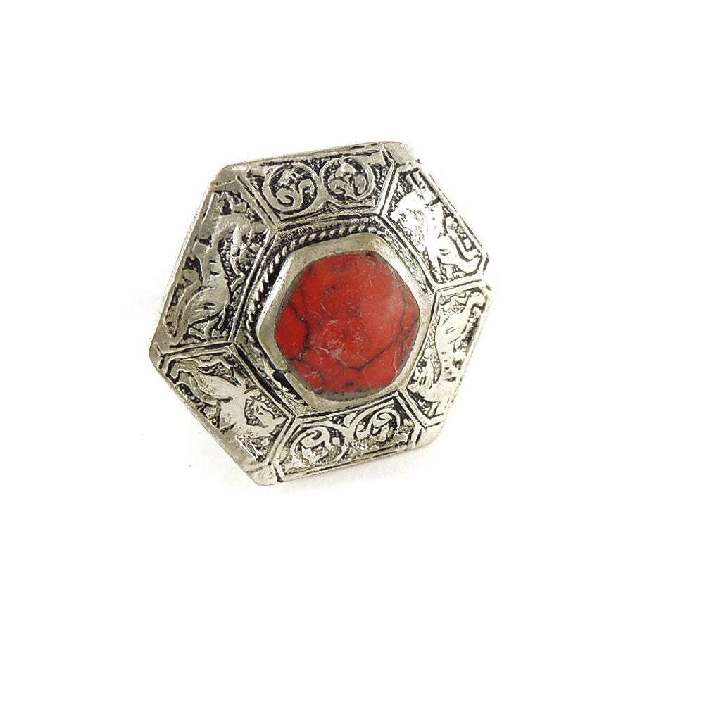 Red Stone Repoussé Adjustable Ring Afghanistan - image 1