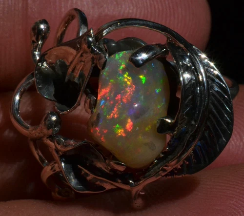 BEAUTIFUL LILIES DESIGN STERLING SILVER BRIGHT FIRE OPAL RING TAXCO JEWELRY sz 4