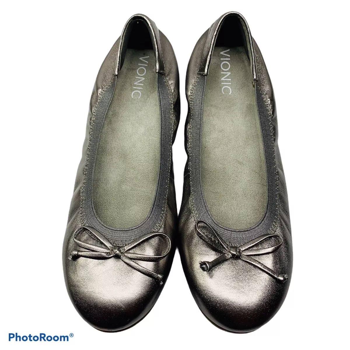 VIONIC Matira Silver Pewter Leather Bow Ballet Flats Shoes Women