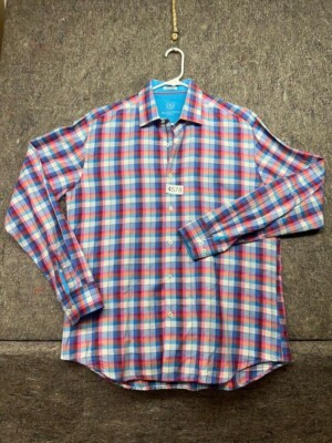 Bugatchi Mens Shirt Shaped Linen Blend Button Down Plaid Long Sleeve L