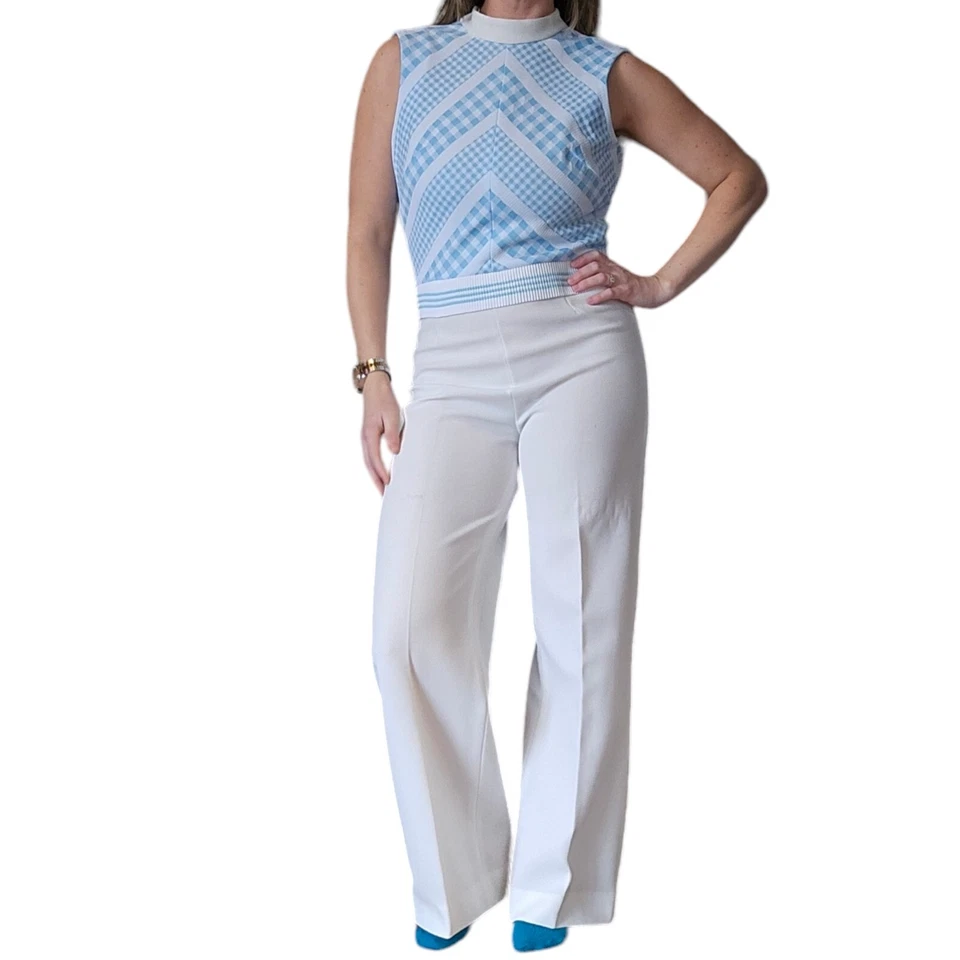 Mono Vintage Años 70 Talla 4 Blanco Azul Acampanado Sin Mangas Tejido Poliéster Pierna Ancha Foto 2 de 4