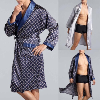 Herren Emulation Seide Pyjama Kimono Bademantel Robe Dressing Kleid Loungewear