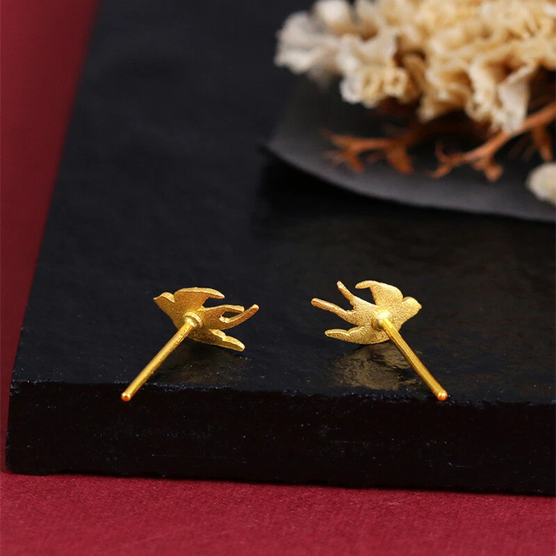 Pure 999 24K Yellow Gold Women Lucky Swallow Earrings Stud 0.9 1.1