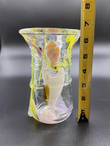 Kunstglas Vase ummantelt mundgeblasen klar rosa pastell erhaben Spiralen grob Pontil - Bild 9 von 12