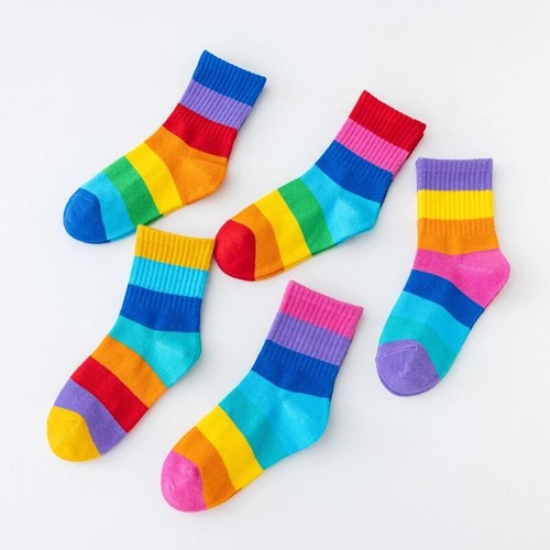 5 Pairs Girl's Rainbow Pattern Socks Cotton Comfortable Breathable Soft Kids - Picture 4 of 13
