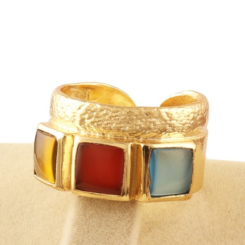 Garnet Citrine Quartz Yellow Gold Plated Collet Set Statement Adjustable Ring - Picture 3 of 4