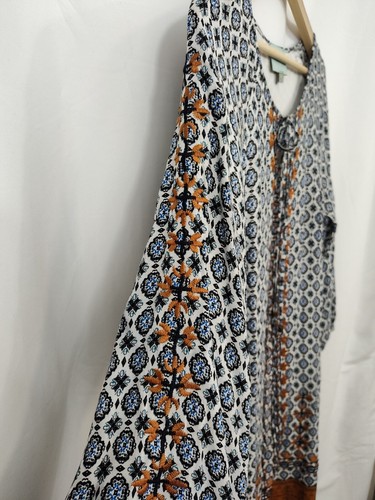 Skies Are Blue Rayon Dress Women's Medium Blue White Brown Embroidery Boho Long - Picture 3 of 9