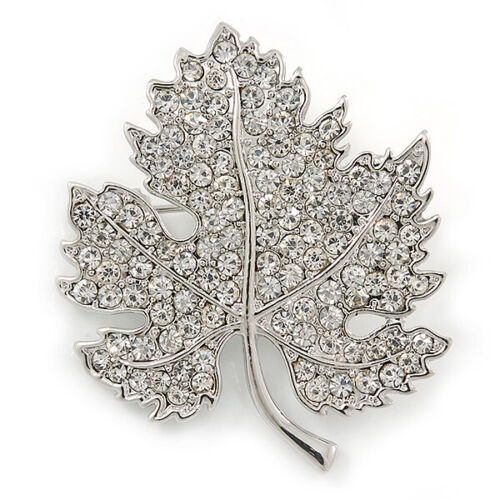 Clear Austrian Crystal Maple Leaf Brooch In Rhodium Plating - 40mm L - Picture 1 of 4