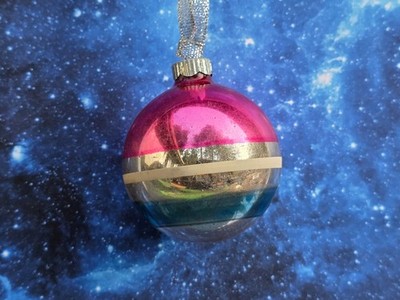 Vintage SHINY BRITE  Stripe Pink/Blue/Silver Ball Glass Christmas Ornament MCM
