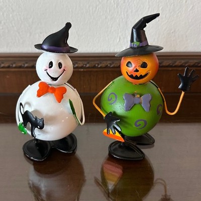 2 Halloween Metal Ghost and Pumpkin Figurine Set Spring Tabletop Decor 5 Inch