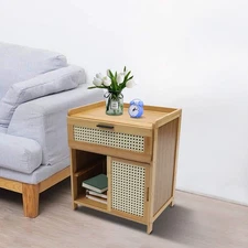 Nightstand, Bamboo Night Stand with Drawer and Shelf, Bohemian Bedside Tables